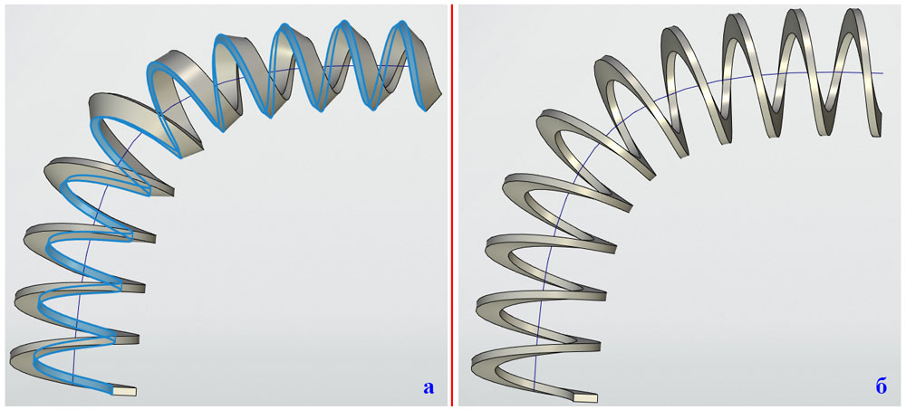  Рис.10. Спираль без учёта (а) и с учётом (б) вспомогательной поверхности
