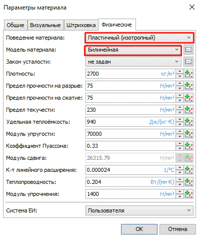 Параметры, требуемые для задания билинейной модели пластичности